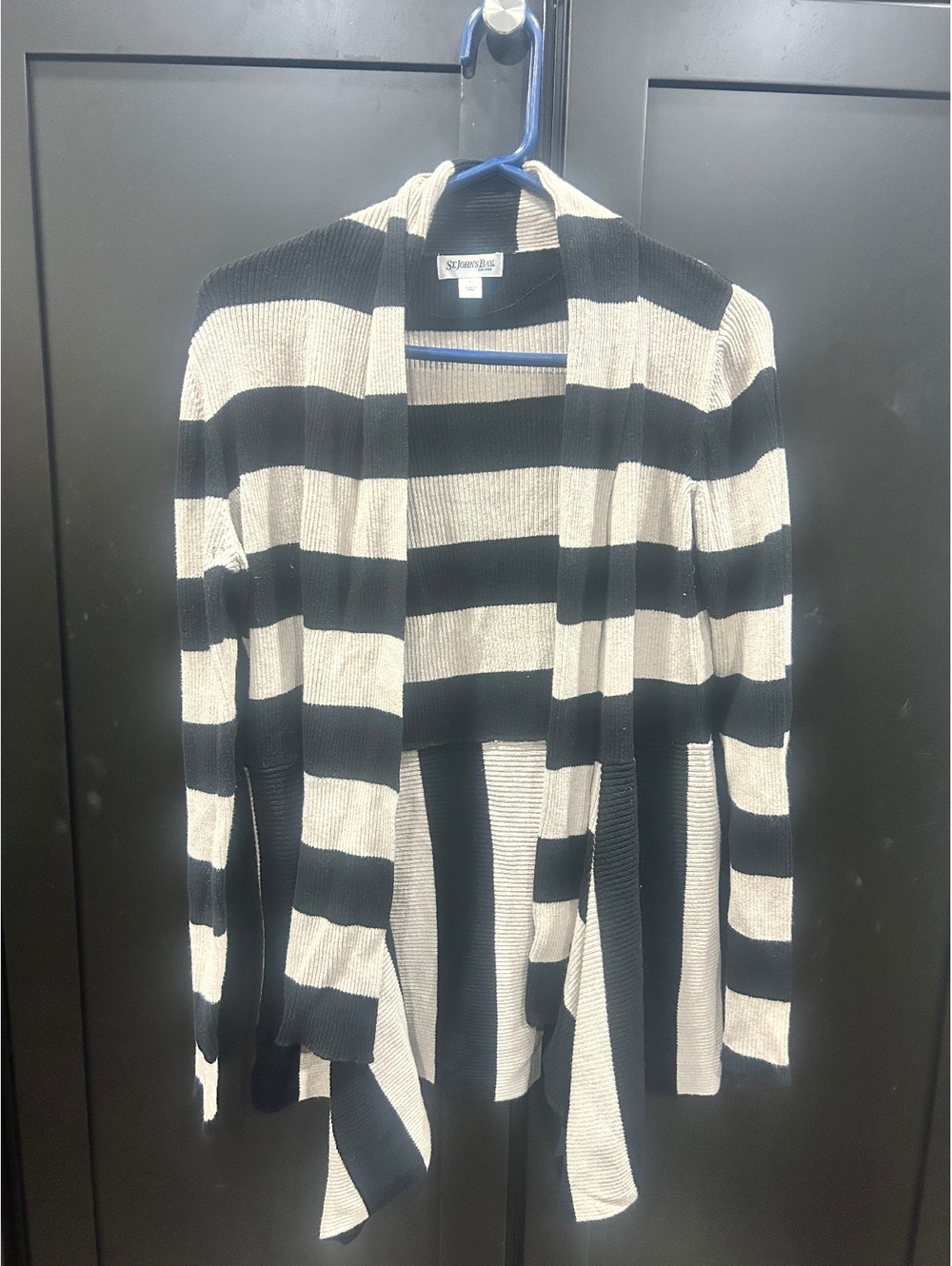 St. John's Bay Women's Black and Beige Striped Open Front Cardigan Sweater Size